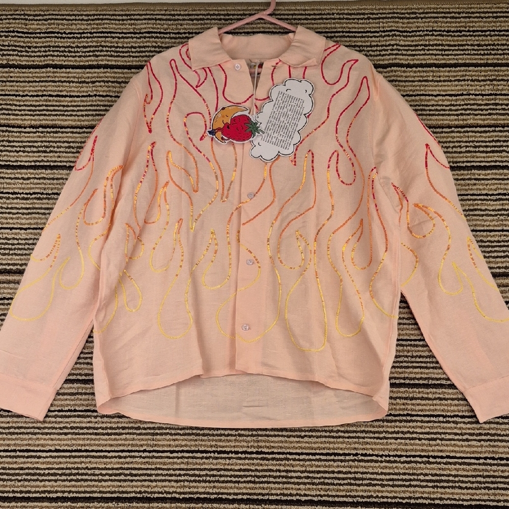 SKY HIGH FARM Pink Flame Embroidered‎ Sz M Streetwear Mens Long Sleeve Shirt NEW